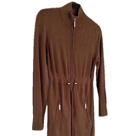 😊BCBG Maxazria Brown Sweater Coat Drawstring Gold Zipper Pockets Mid-thigh Sz L - Picture 3 of 14